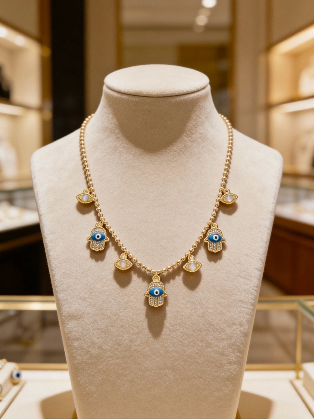 Gold Hamsa & Evil Eye Charm Necklace in Blue and Gold